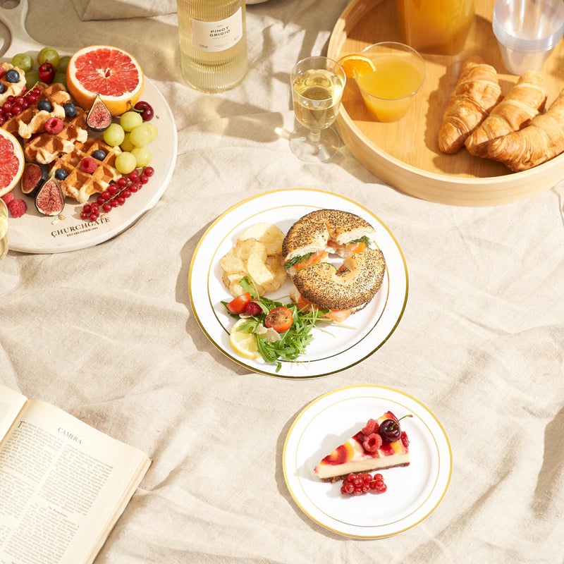 MATANA 60 Reusable or Disposable Plastic Plates Gold with White Gold Rim - 30 Dinner Plates 10.25", 30 Salad Dessert Appetizer Plates 7.5", Heavy Duty, Elegant, Premium for Parties, Wedding & Events - Image 5